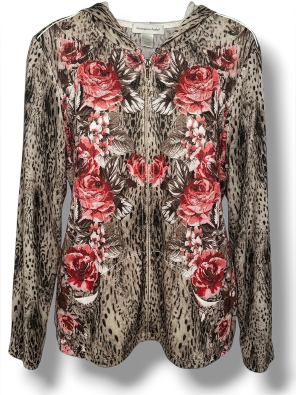 Christopher & Banks SZ XL Leopard and Rose Rhinestone Zip-Up Hoodie Brown